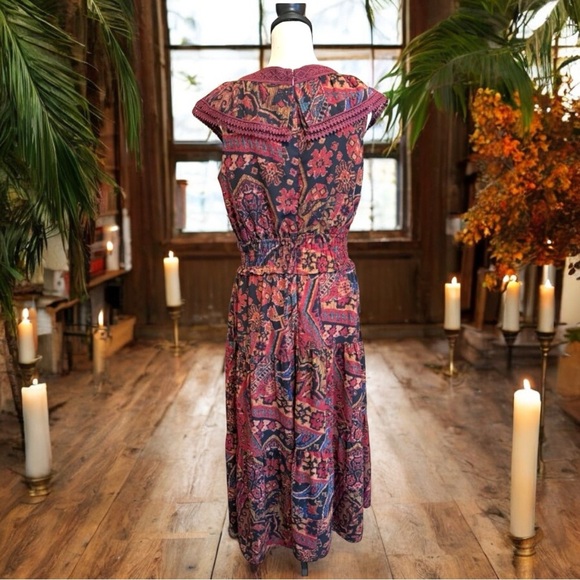 TAHARI ASL Print Lace Trim Tiered Midi Dress - Size 8 - Picture 7 of 16